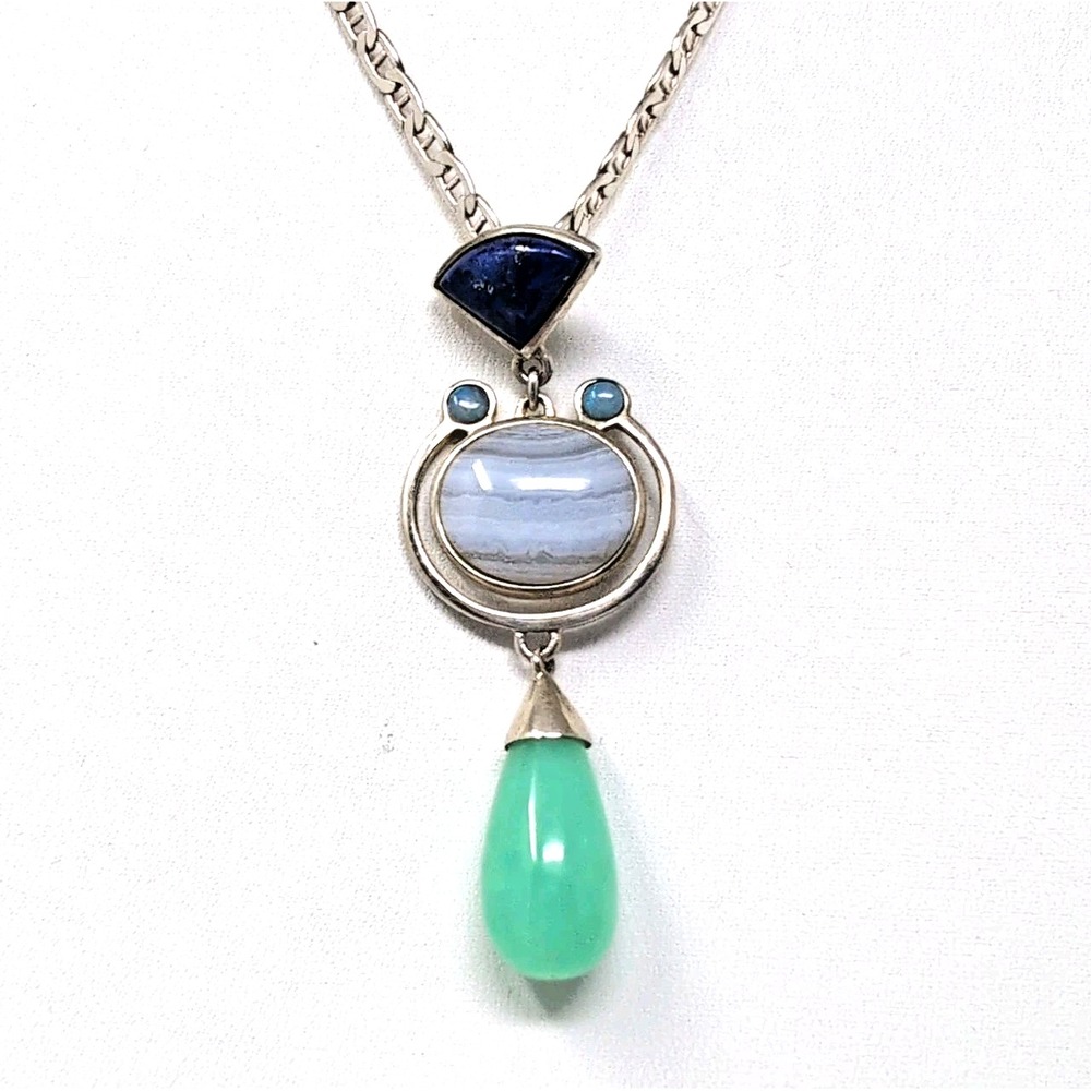 Whitney Kelly 925 Sterling Silver Lapis Agate Chrysoprase Drop Necklace 17.9g